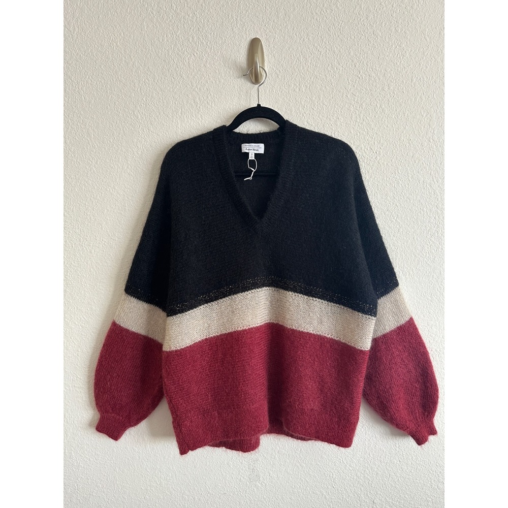 & Other Stories Black Colorblock Mohair Blend V-Neck Balloon Sleeve Sweater S